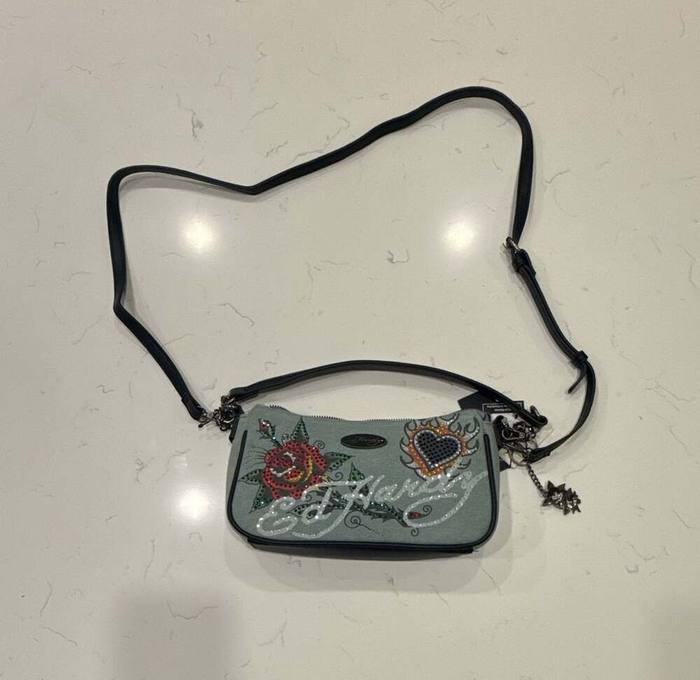 Ed Hardy Denim Y2K Style Rhinestone Tattoo Heart and Rose Crossbody Bag